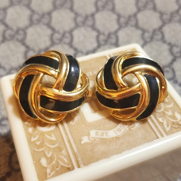 Trifari Jewelry - VTG TRIFARI Black Enamel Gold plated Love Knot Earrings